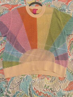 Queen of Sparkles Muted Rainbow Rhinestone Sunshine Short Sleeve Sweater Set